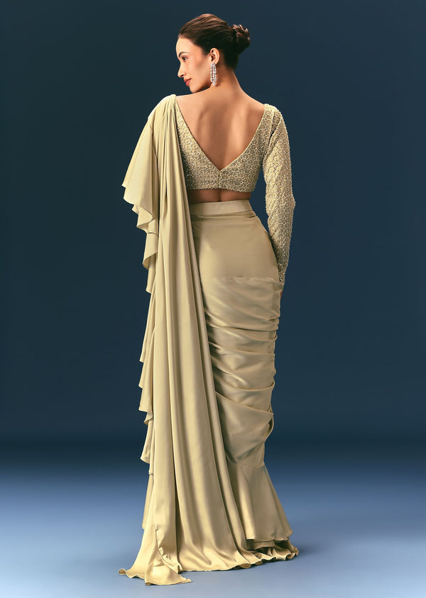 Green Frill Ready To Wear Saree With Embellished Blouse