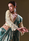 Green Pre Stitched Frill Saree With Backless Dori Blouse