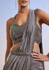 Grey Embroidered Ready Pleated Saree With Blouse And Belt