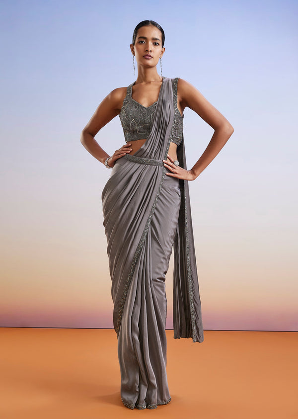 Grey Embroidered Ready Pleated Saree With Blouse And Belt