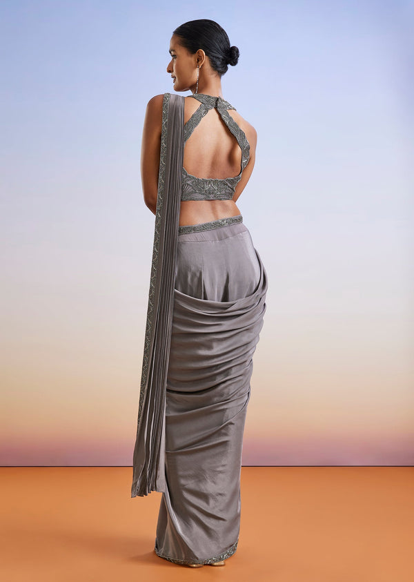 Grey Embroidered Ready Pleated Saree With Blouse And Belt