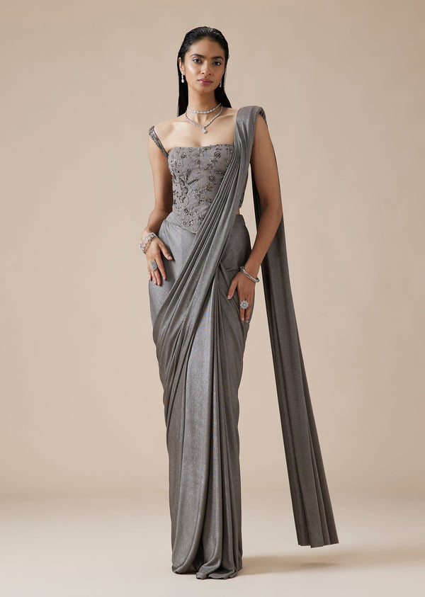 Grey Lycra Ready Pleated Saree