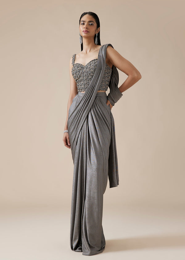 Grey Ready Pleated Saree With Crystal Geometric Styled Blouse