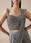 Grey Ready Pleated Saree With Crystal Geometric Styled Blouse