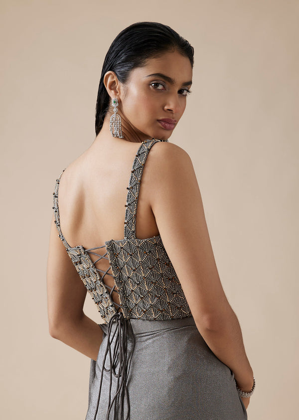 Grey Ready Pleated Saree With Crystal Geometric Styled Blouse