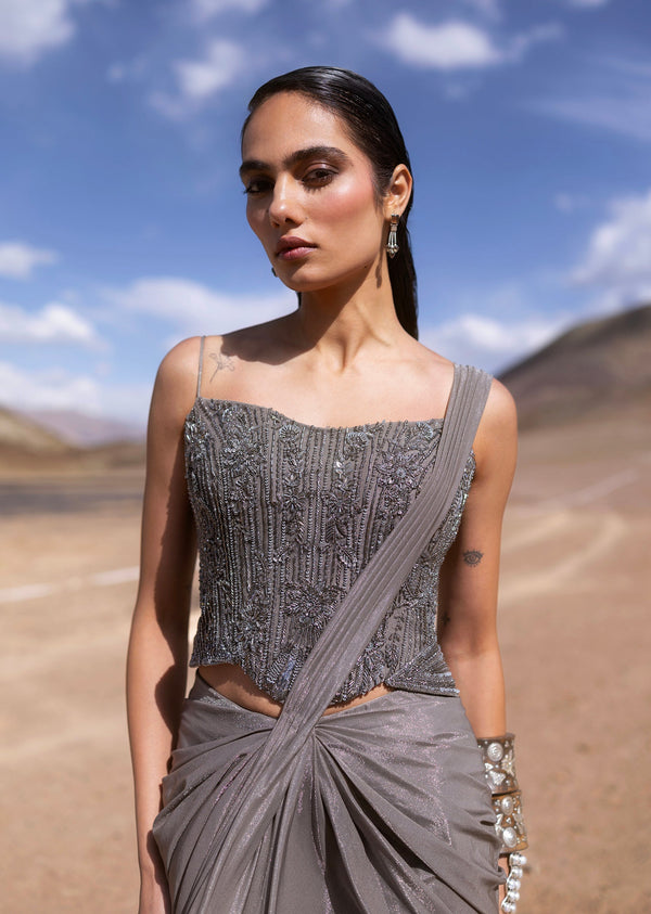 Grey Ready Pleated Saree With Embroidered Scoop Neckline Blouse
