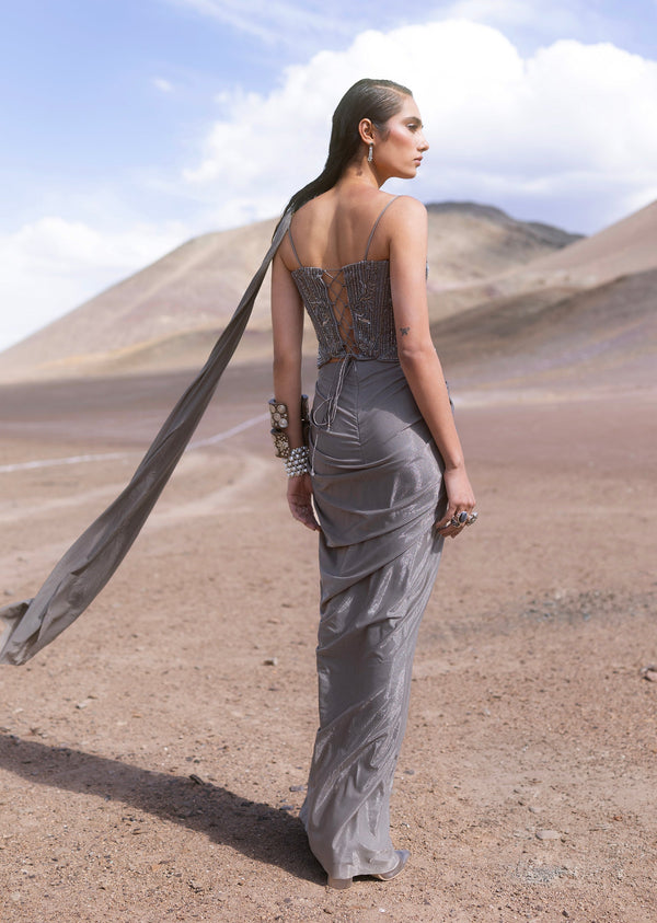 Grey Ready Pleated Saree With Embroidered Scoop Neckline Blouse