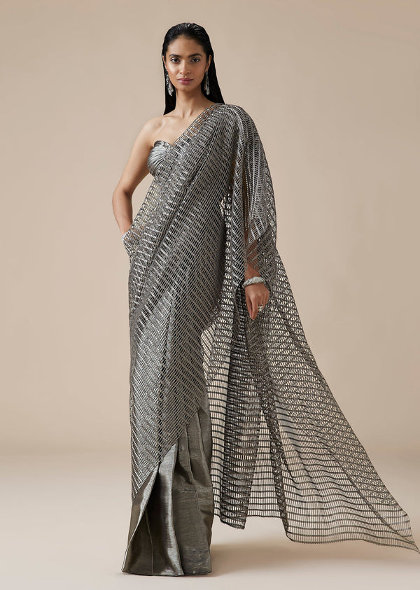 Grey Ruched Ready Pleated Saree
