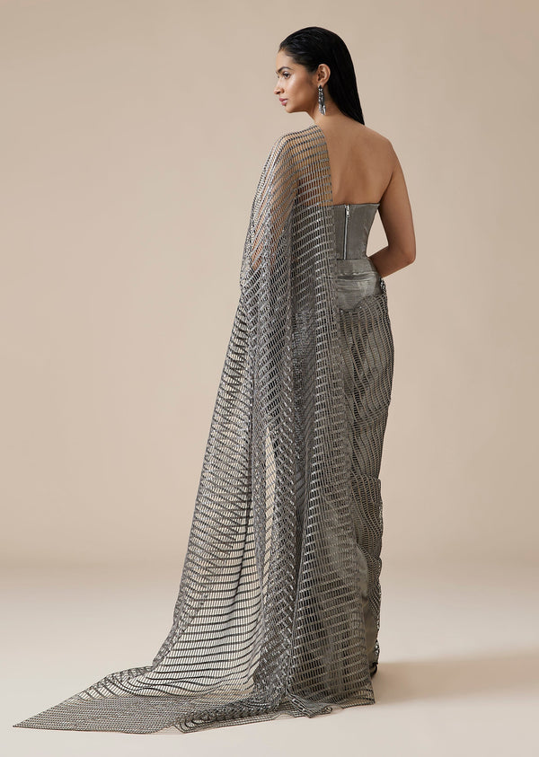 Grey Ruched Ready Pleated Saree