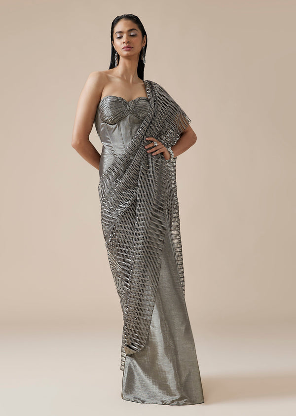 Grey Ruched Ready Pleated Saree