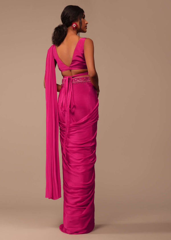 Hot Pink Readymade Saree With Embroidered Belt