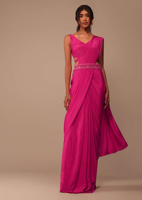 Hot Pink Readymade Saree With Embroidered Belt