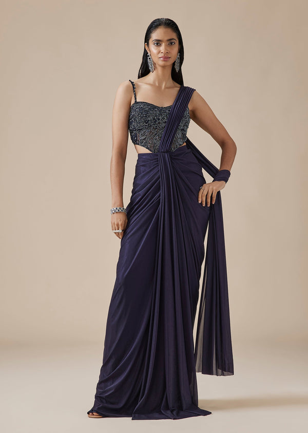 Indigo Blue Ready Pleated Saree With Tonal Embroidered Blouse
