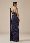 Indigo Blue Ready Pleated Saree With Tonal Embroidered Blouse