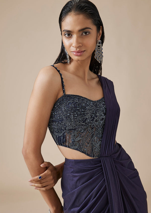 Indigo Blue Ready Pleated Saree With Tonal Embroidered Blouse