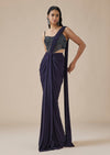 Indigo Blue Ready Pleated Saree With Tonal Embroidered Blouse