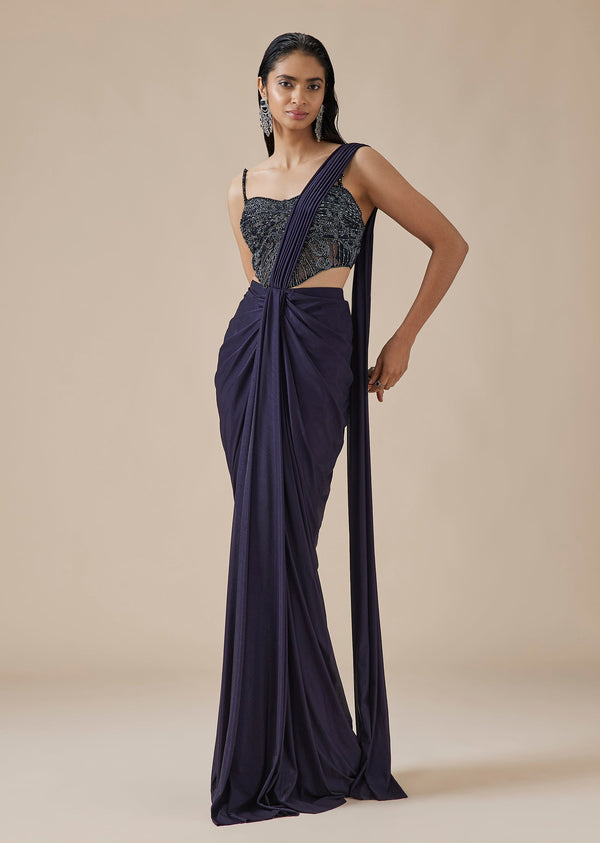 Indigo Blue Ready Pleated Saree With Tonal Embroidered Blouse