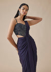 Indigo Blue Ready Pleated Saree With Tonal Embroidered Blouse
