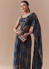 Indigo Ready Pleated Ajrakh Print Saree with Blouse