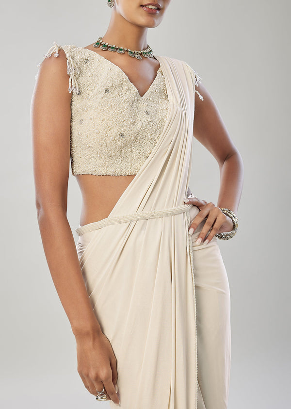 Ivory Ready Pleated Saree With Belt And Moti Work On Blouse
