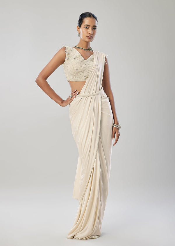 Ivory Ready Pleated Saree With Belt And Moti Work On Blouse