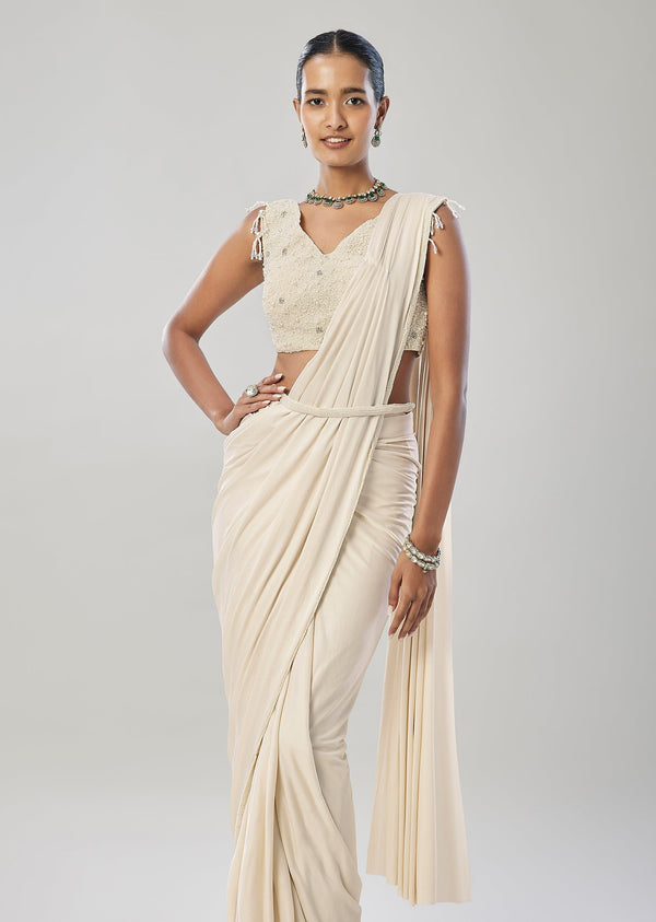 Ivory Ready Pleated Saree With Belt And Moti Work On Blouse