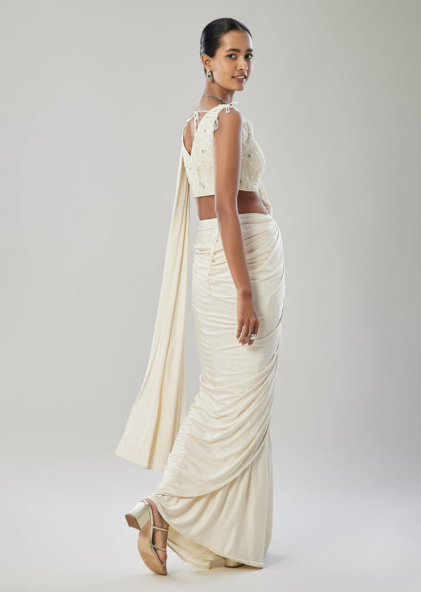 Ivory Ready Pleated Saree With Belt And Moti Work On Blouse