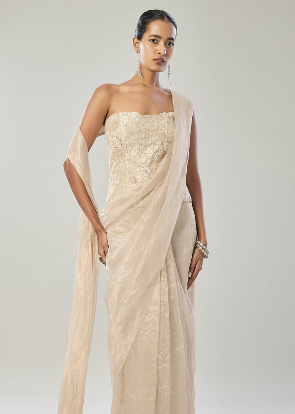 Ivory Ready Pleated Saree With Corset Blouse