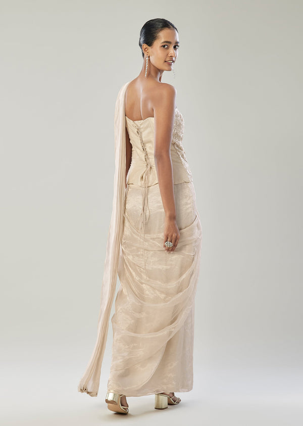 Ivory Ready Pleated Saree With Corset Blouse