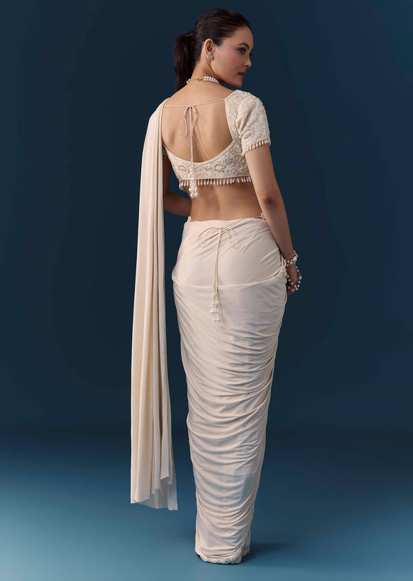 Ivory Ready Pre Pleated Saree with Moti Work Blouse