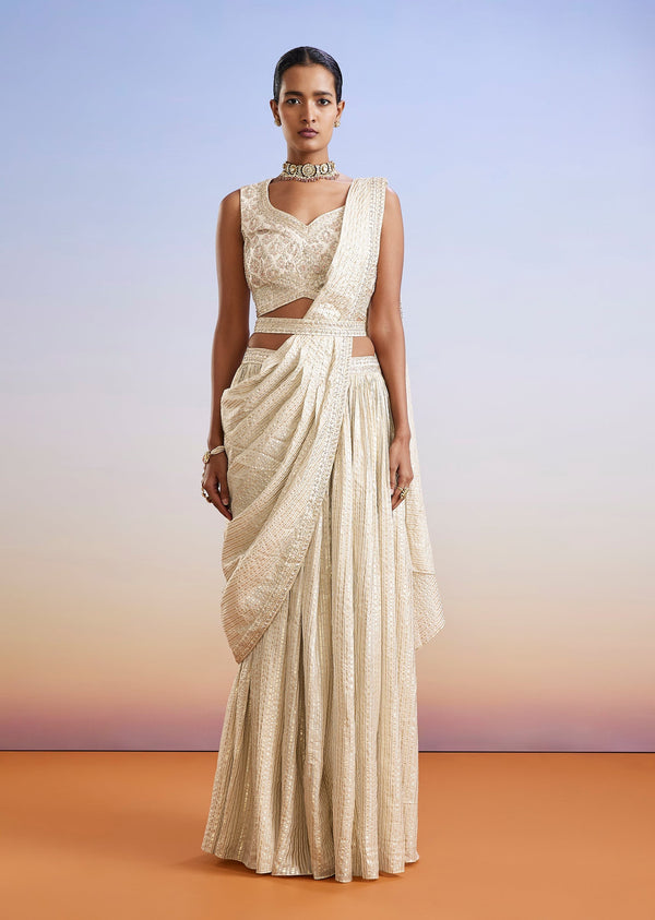 Ivory Zardosi Embroidered Ready Pleated Saree With Belt