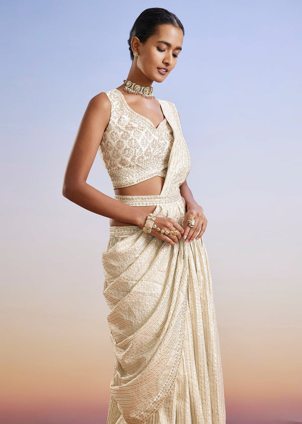 Ivory Zardosi Embroidered Ready Pleated Saree With Belt