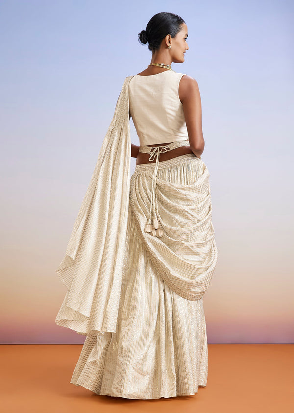 Ivory Zardosi Embroidered Ready Pleated Saree With Belt