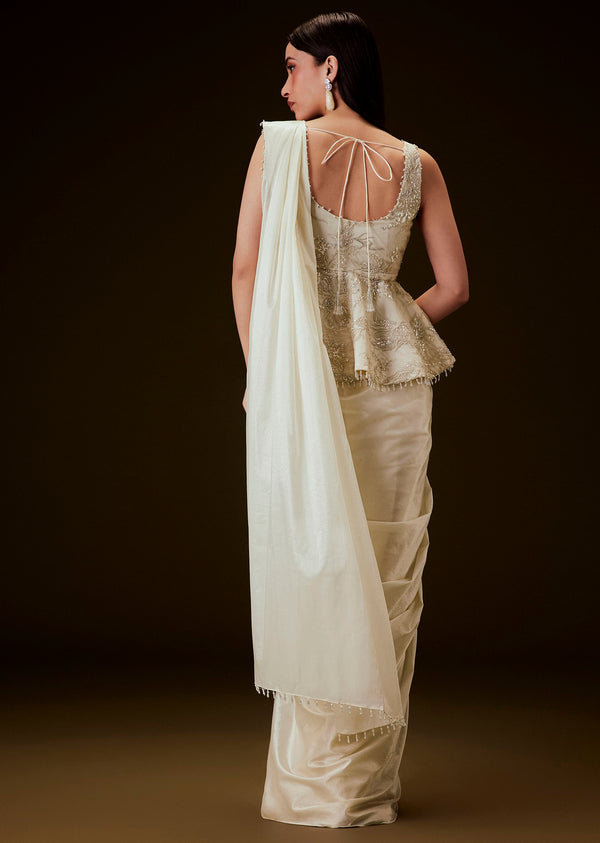 Ivory Embroidered Peplum Top With Saree