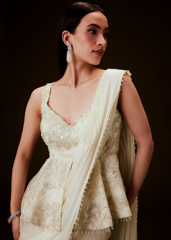 Ivory Embroidered Peplum Top With Saree