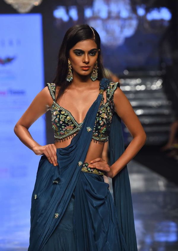 Emerald Green Pre Drape Saree With Floral Buttis And Embroidered Blouse - NOOR 2022