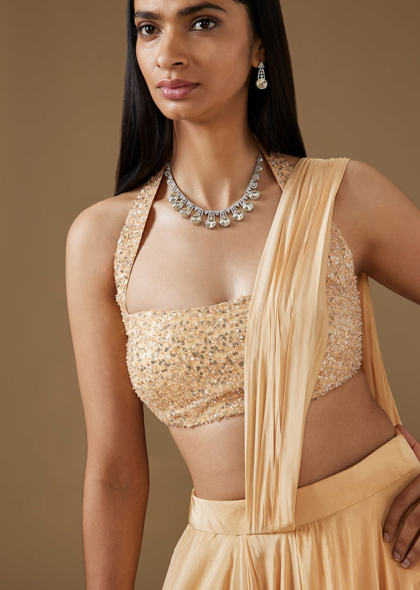 Light Yellow Ready Pleated Saree With Halter Blouse