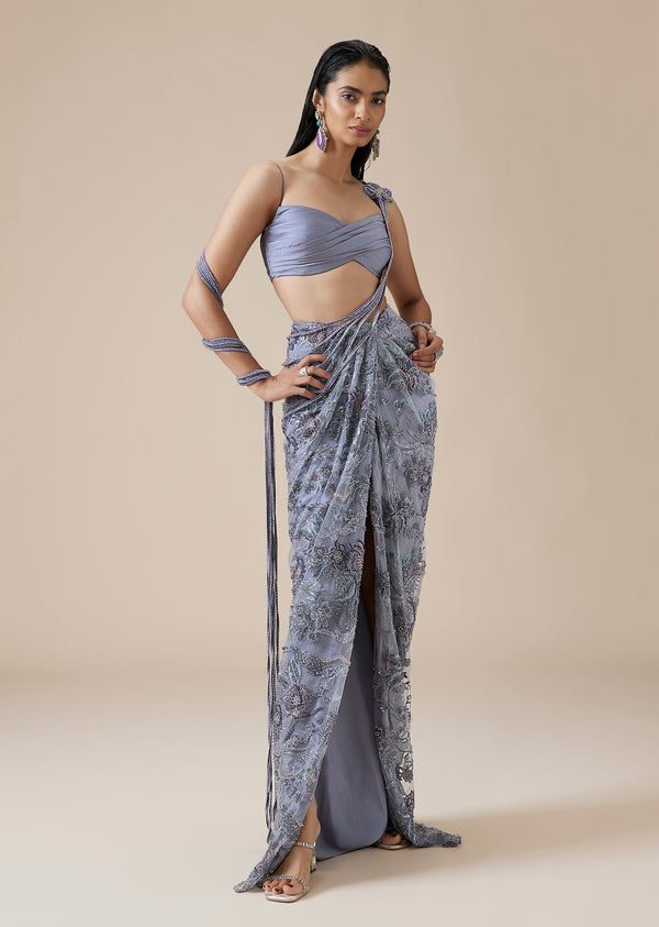 Lilac Crystal Pallu Ready Pleated Saree With Front Slit