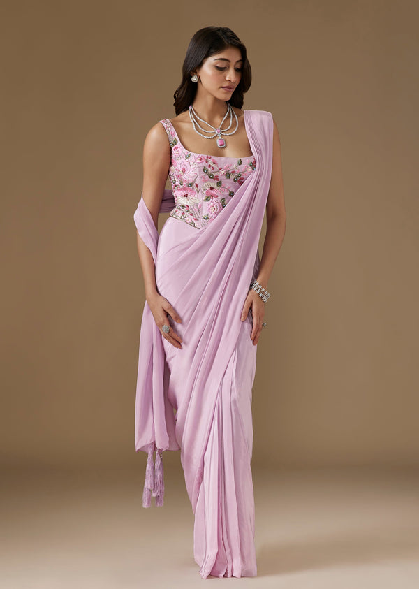Lilac Ready Pleated Crepe Saree With Embellished Blouse