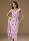 Lilac Ready Pleated Crepe Saree With Embellished Blouse