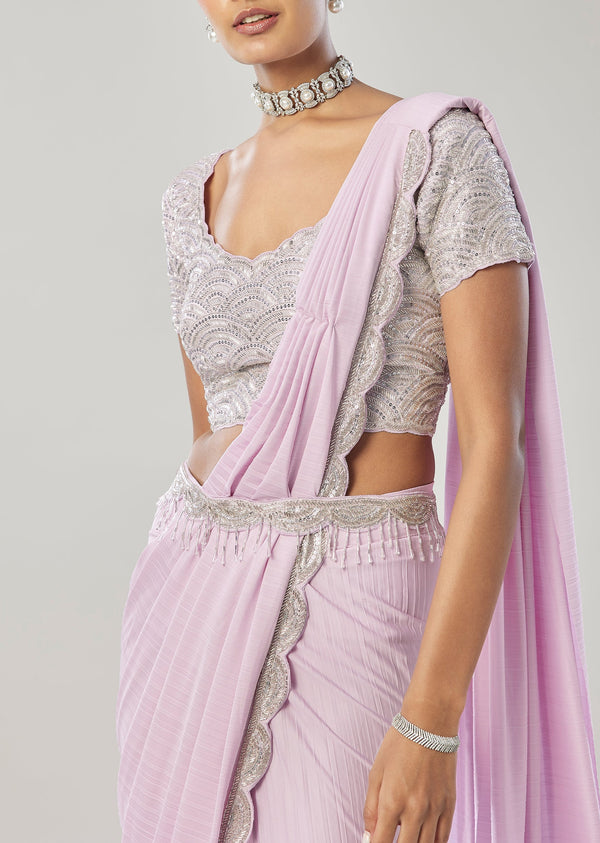 Lilac Ready Pleated Saree With Belt