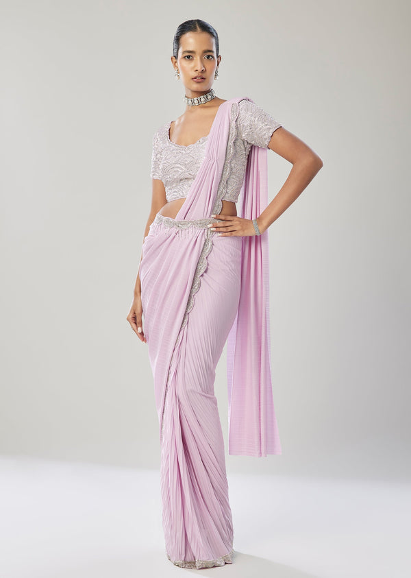Lilac Ready Pleated Saree With Belt