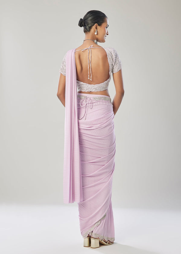 Lilac Ready Pleated Saree With Belt