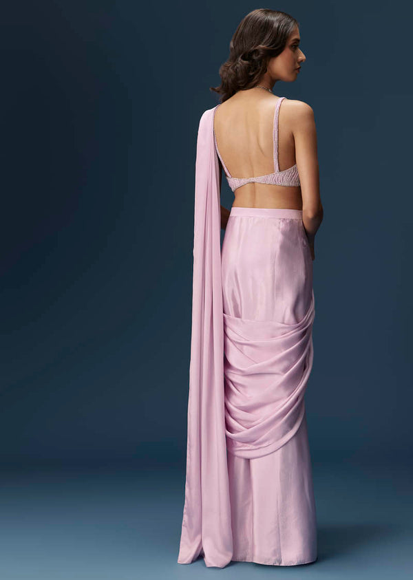Lilac Ready Pleated Saree With Embellished Blouse And Belt