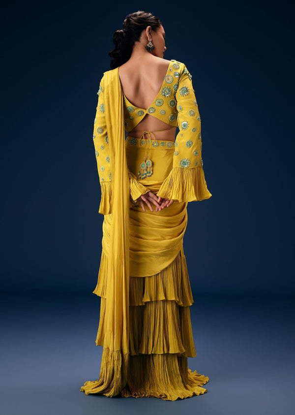 Lime Green Embroidered Blouse With Pre Stitched Saree