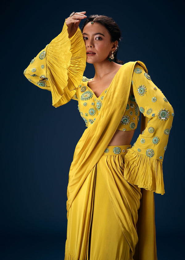 Lime Green Embroidered Blouse With Pre Stitched Saree