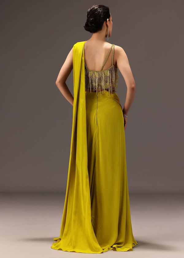 Lime Green Semi Stitched Net Saree With Embroidered Blouse