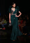 Bottle Green Readymade Saree With A Colorful Hand Embroidered Blouse With Fancy Layered Frill Sleeves