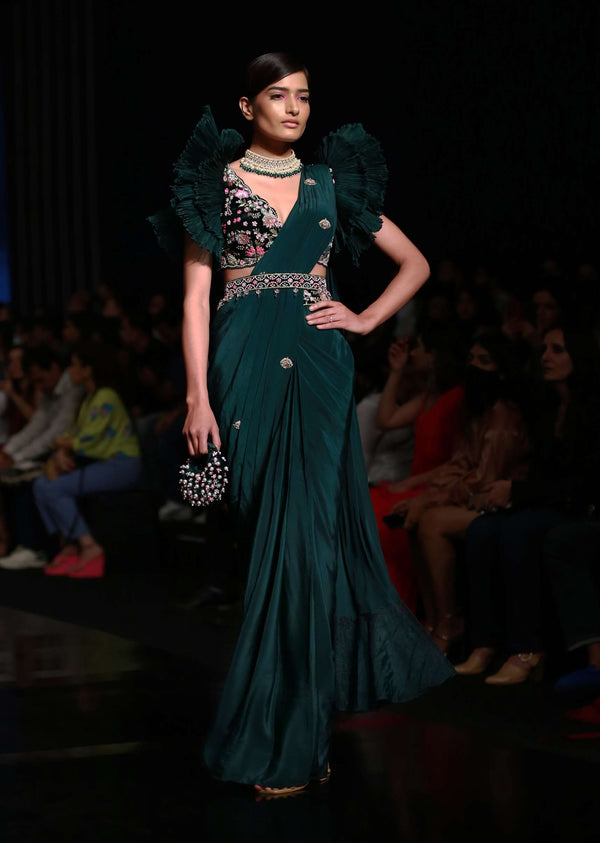 Bottle Green Readymade Saree With A Colorful Hand Embroidered Blouse With Fancy Layered Frill Sleeves