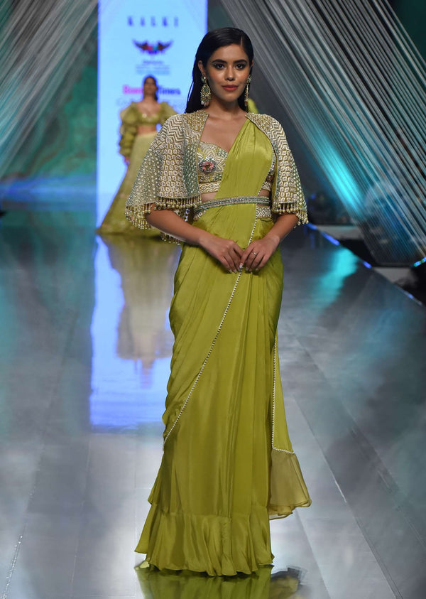 Citrus Green Pre Stitched Crepe Saree with Net Cape and V-Neck Crop Top